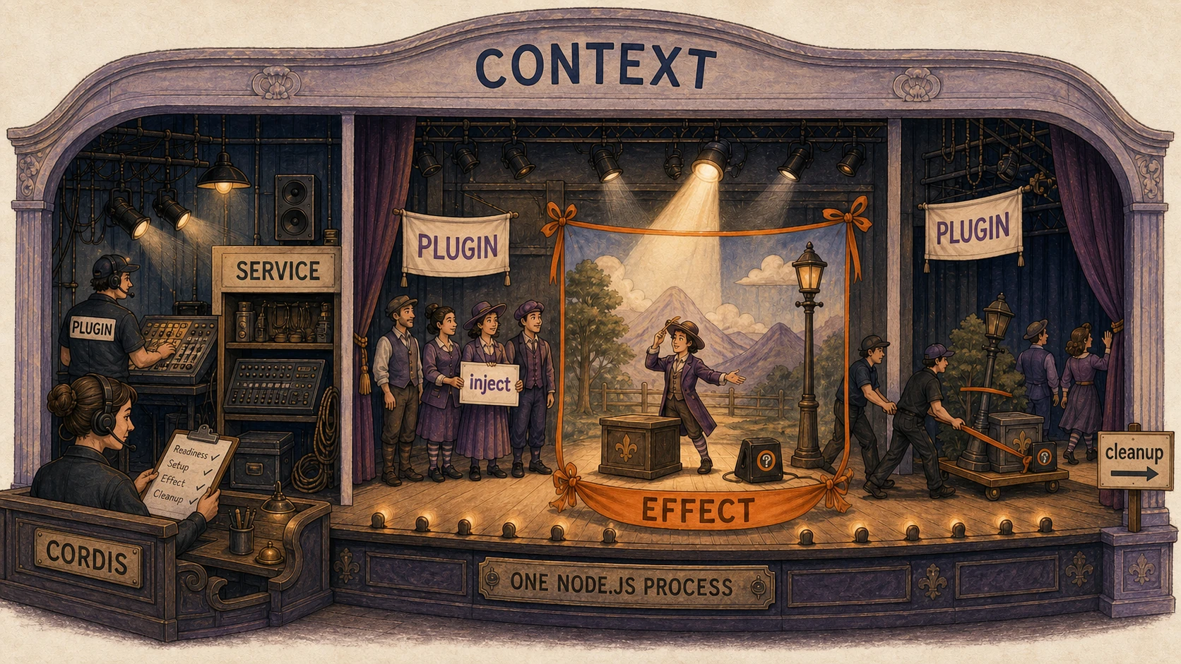Cordis 剧场：同一 Node.js 进程中的 Context 容纳多个 Plugin；Plugin 通过 inject 声明 Service 依赖，Effect 在 cleanup 时撤回